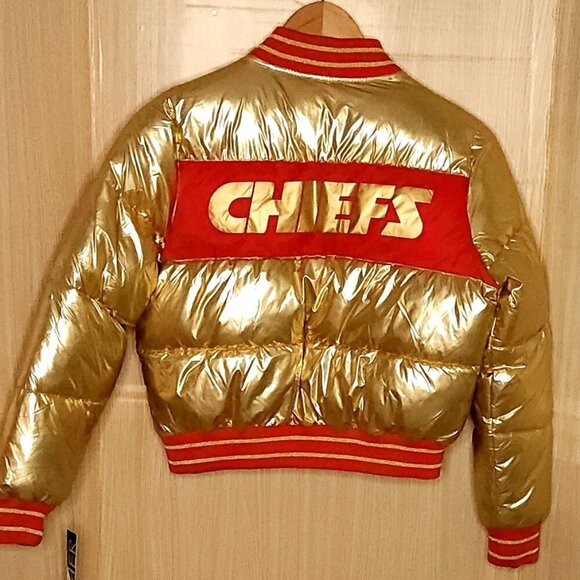 GIII For Her Kansas City Chiefs Womens New Metallic Gold Red Puffer Jacket Small - Picture 2 of 10
